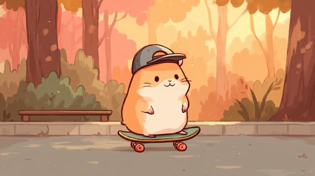 A charming hamster wea a baseball cap joyfully rides a skateboard through a sun dd park in the fall with trees showing warm autumn colors today.