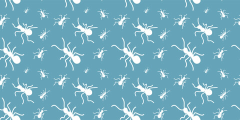 Seamless white ant pattern on blue background creating a playful repeating insect design. Decorative style for textiles and wrapping. Perfect for wallpaper fabric packaging kids prints and surface. © KhanMinhazulIslam