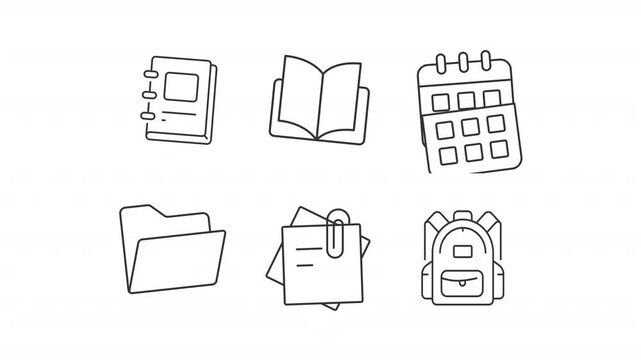 Animated educational supplies line icons. Office stationery animation set. Open book with blank pages. Daily calendar with notebook. Outline elements on white background. HD video with alpha channel