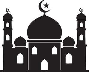 Black and white silhouette of mosque with crescent moon, minarets, and geometric also transparent background © MeJaMa