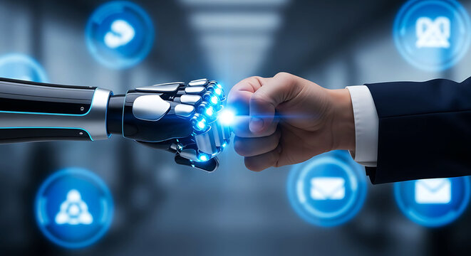 Robot and human fist bump representing artificial intelligence and collaboration
