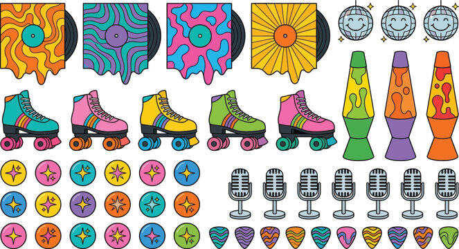 Retro disco party elements set with roller skates, lava lamps and microphones in flat vector