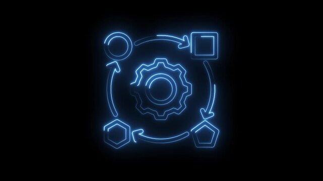 Neon blue glowing abstract process flow diagram with gear in center and connecting shapes icon