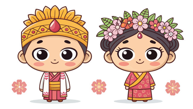 Cartoon balinese couple in traditional dress smiling
