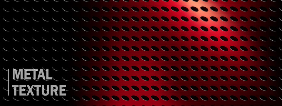 Perforated hole mesh and texture plate red with background black pattern. Metal bg surface and wall fabric peg with filter board realistic. Tech texture plate and round perforated circle.