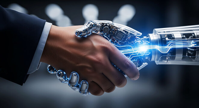 Business man and robot shaking hands in futuristic concept of AI partnership