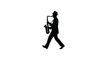 Fototapeta premium black silhouette of person walking while playing saxophone, wearing hat, minimalist vector design isolated on white background, symbol of jazz music, performance, rhythm, entertainment concept