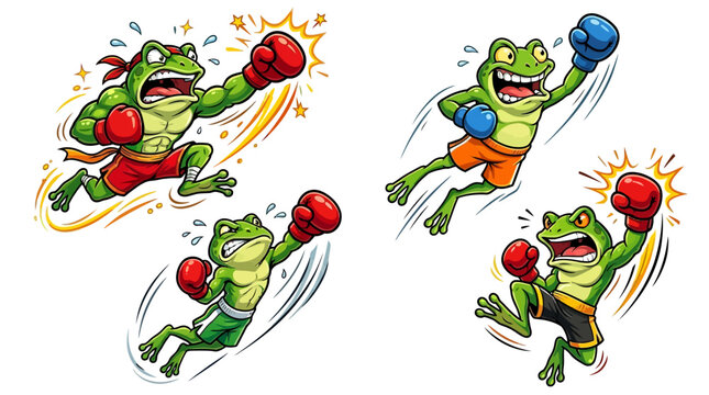 Frogs wearing boxing gloves fighting sports.