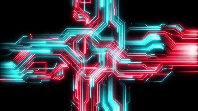 Abstract circuit board icon glowing neon lines. simple logotype icon concept. 4k video animation . Circuit Board with neon line moving electrons Data Flow Loop Background .