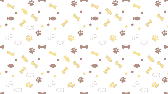 Seamless pattern featuring bones, fish, and paw prints for cute pet themed textile design