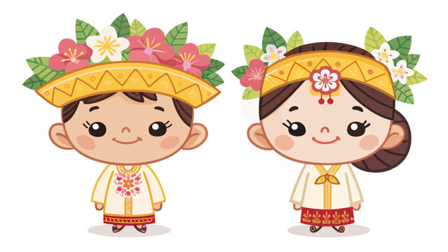 Cute cartoon children wearing traditional philippine clothing with floral headdresses for cultural celebration and festive traditional asian heritage design