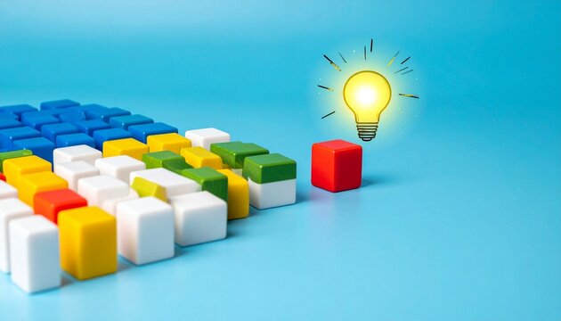 Grid of Multi-Colored Cubes Separated from a Single Glowing Light Bulb Block on Blue Background