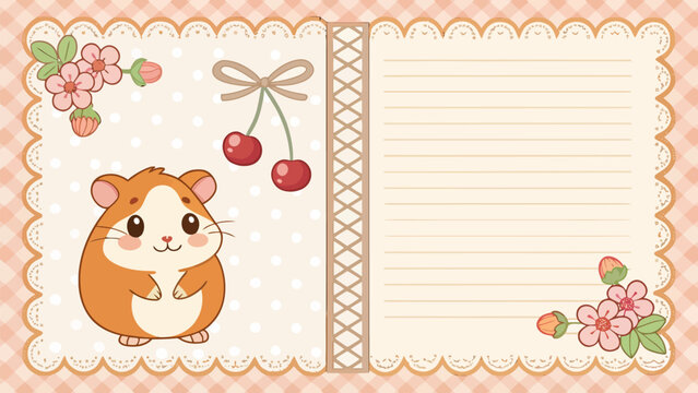 Cute hamster stationery notepad template with floral accents and cherry illustration for journaling and personal notes on a soft gingham background