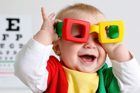 Laughing toddler playing with red and yellow toy glasses near an eye chart, ideal for playful pediatric vision concepts.