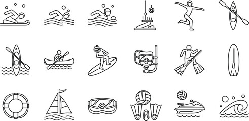 Water Sports Outline Icon Set Featuring Swimming Surfing Sailing Kayaking Snorkeling and Marine Adventure Activity Symbols © Mimi