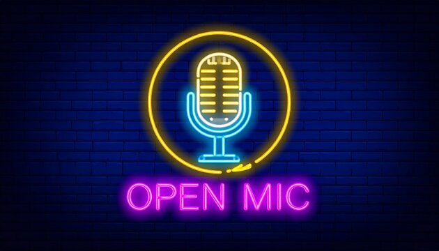 Glowing Neon Open Mic Sign with Vintage Microphone on a Dark Brick Wall