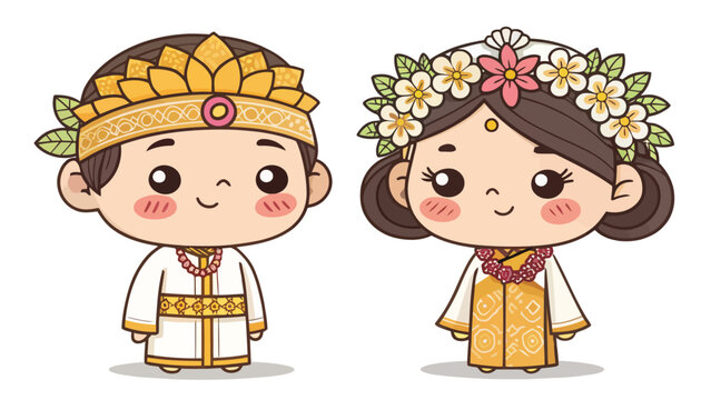 Cute cartoon couple in traditional indonesian wedding attire featuring intricate gold crowns and floral headdresses on a simple white background design
