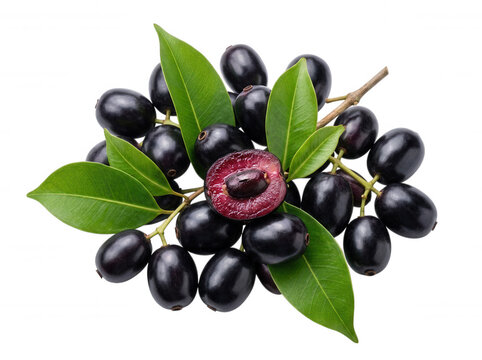 Purple jambul fruits with green leaves isolated on a transparent background