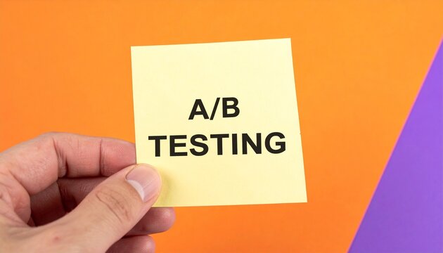 Hand Holding a Yellow Sticky Note with A/B Testing Message Over a Two-Tone Background