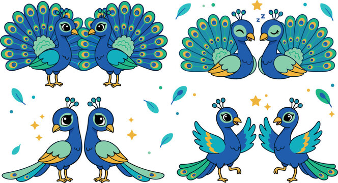 Cute peacock cartoon character vector element set featuring colorful blue birds with spread feathers dancing sleeping and standing in pairs illustration.