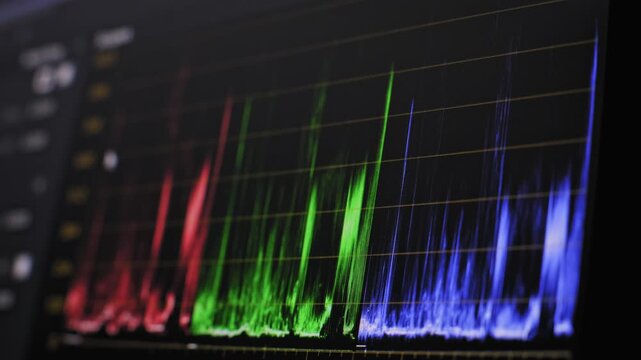 Close-up of a digital signal monitor analyzing color balance through RGB channels. The fluctuating data streams on the dark interface highlight the technical nature of editing.