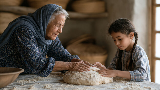 Candid unposed moment of an elderly Iranian grandmother teaching her granddaughter a traditional bread-shaping technique at a floured kitchen table in warm indoor lighting,
