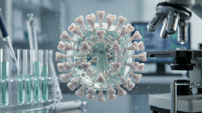 Microscopic View of Viral Particle with Protein Spikes in Laboratory Setting