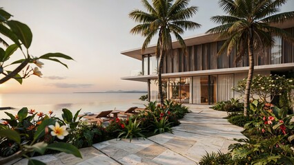Fototapeta premium Stunning Contemporary Architectural Estate Featuring Exotic Plants, Stone Walkway, and Calm Ocean Horizon