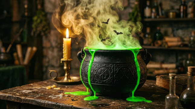 A magical bubbling green cauldron overflows with mystical vapors and small shadowy bats on a worn rustic wooden tabletop near a lit candle