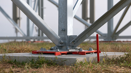 Fototapeta premium Sturdy Metal Structure Base: Close-up of a Galvanized Steel Support and Concrete Foundation in an Outdoor Environment