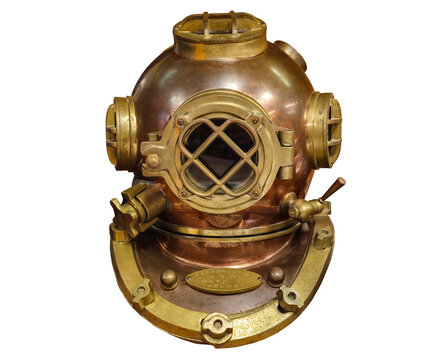 Antique brass diving helmet reproduction with copper dome, viewport window, and vintage nautical maritime equipment