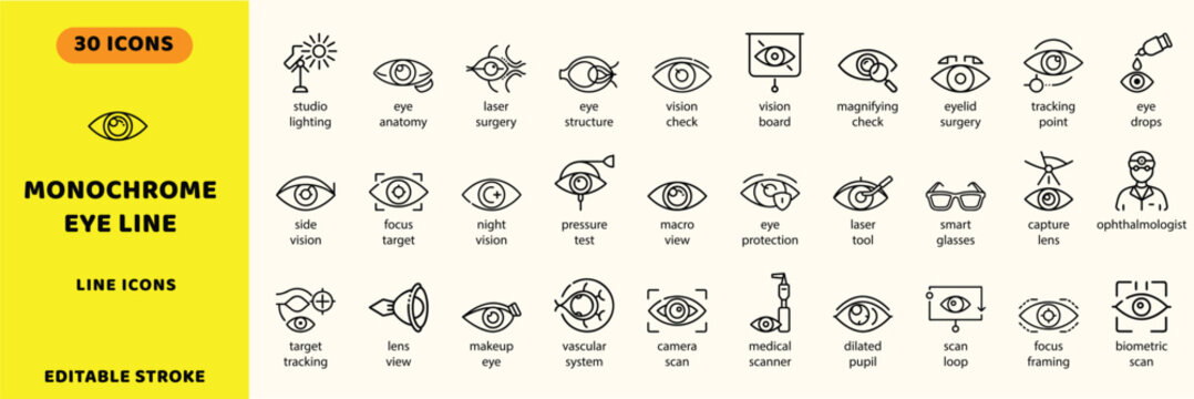 Monochrome eye line vector icons. Ophthalmology vision check vector signs set. Laser surgery icon.