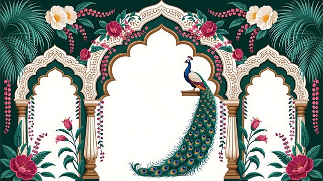 Illustration of a mughal garden with peacocks, parrots, plants, and trees, featuring a botanical landscape pattern. Ottoman Palace. Illustration