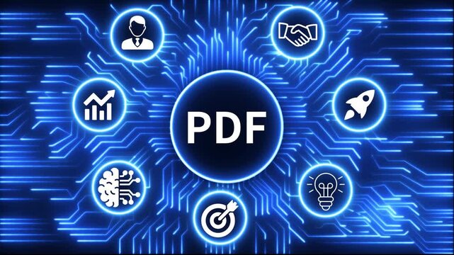 PDF icon surrounded by smaller icons for ai manufacturing strategy. A glowing neon, and manufacturing process management all connected in a digital circuit like pattern, 4k video 