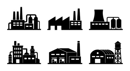 Obraz premium Industrial Factory Icons Set, Manufacturing Plant Silhouettes, Production Facility Vector Graphics