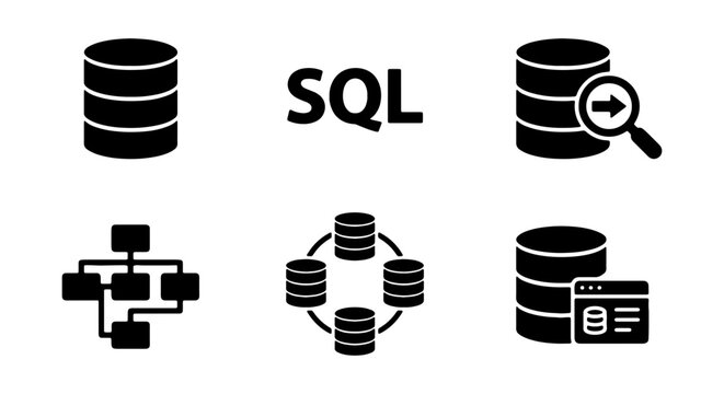 SQL Database Icons: Data Management, Querying, Network, and Storage Vector Set