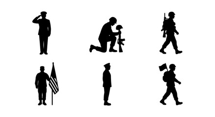 Obraz premium Military Soldier Silhouettes, Patriotic Service Icons, Veteran Remembrance Graphics, Armed Forces Vector Set