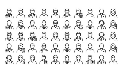 Obraz premium Healthcare workers line icons set medical professionals and doctor outline avatars vector