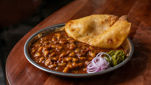 Indian chole bhature served in a metal plate with side of chutney and onion indian food fried bread street food main course side dish chickpeas traditional delicious authentic restaurant