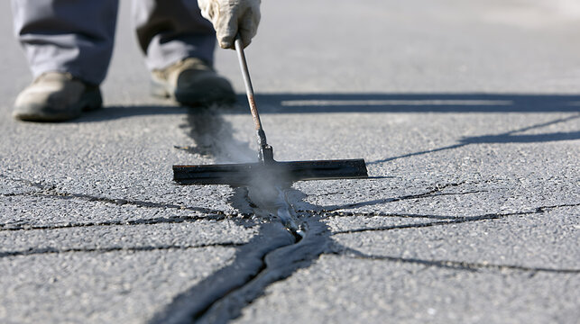 Road Maintenance Worker Applying Hot Asphalt Sealant to Cracks in Pavement with a Squeegee Tool on a Sunny Day, Focus on Repair Work
