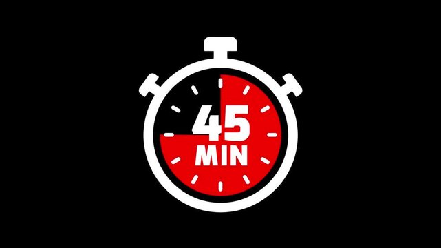Stopwatch icon with 45 min timer animation. Clock icon with 45 minute timer. 45 minute countdown timer clock icon animation. Timer, clock, stopwatch icon with 45 min timer animation video.
