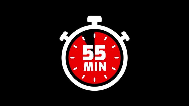 Stopwatch icon with 55 min timer animation. Clock icon with 55 minute timer. 55 minute countdown timer clock icon animation. Timer, clock, stopwatch icon with 55 min timer animation video.