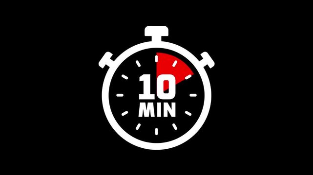 Stopwatch icon with 10 min timer animation. Clock icon with 10 minute timer. 10 minute countdown timer clock icon animation. Timer, clock, stopwatch icon with 10 min timer animation video.