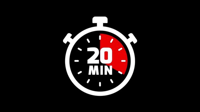 Stopwatch icon with 20 min timer animation. Clock icon with 20 minute timer. 20 minute countdown timer clock icon animation. Timer, clock, stopwatch icon with 20 min timer animation video.