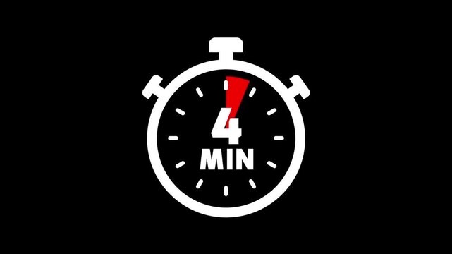 Stopwatch icon with 4 min timer animation. Clock icon with 4 minute timer. 4 minute countdown timer clock icon animation. Timer, clock, stopwatch icon with 4 min timer animation video.