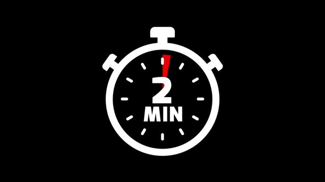 Stopwatch icon with 2 min timer animation. Clock icon with 2 minute timer. 2 minute countdown timer clock icon animation. Timer, clock, stopwatch icon with 2 min timer animation video.