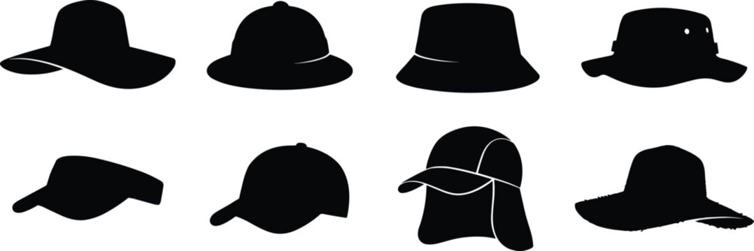 Collection of men and women summer hats vector silhouettes including sun protection caps bucket hats baseball caps and visors