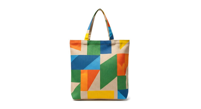 Modern canvas tote bag with colorful abstract geometric pattern