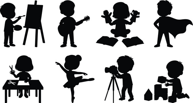 Children creative hobbies and activities silhouette vector collection featuring painting dancing playing music superhero and crafts isolated on white background