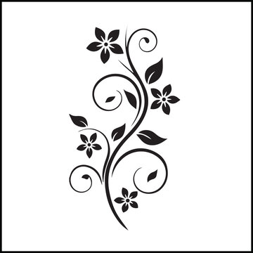 Elegant black floral branch vector ornament with swirls and leaves